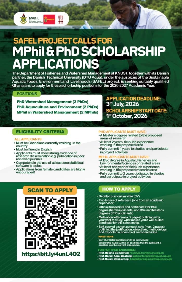 KNUST Opens Applications for SAFEL Project MPhil and PhD Scholarships
