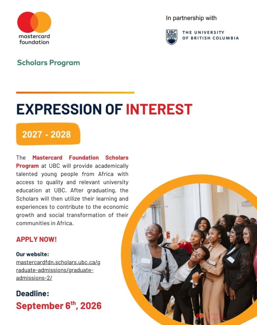 Mastercard Foundation Scholars Program at UBC Opens Applications for 2027–2028